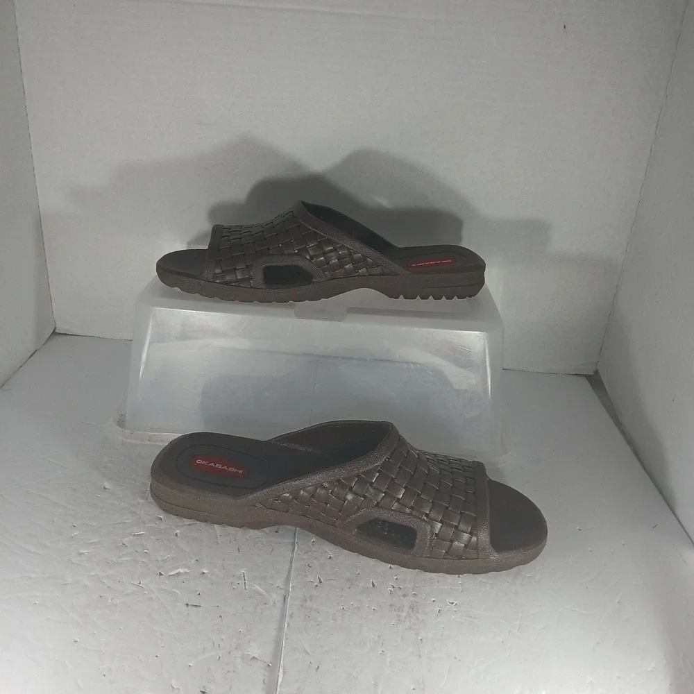 Okabashi Slide Sandals Size L Brown Basketweave Comfort Ergonomic Made in USA